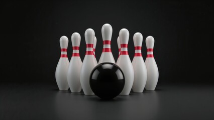 Bowling pins and black ball on dark background, precision, competition, entertainment, leisure, sport, recreation, tournament, victory, strike, teamwork