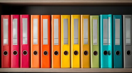 High quality image of colorful ring binders in a row on a shelf in an office or at home.