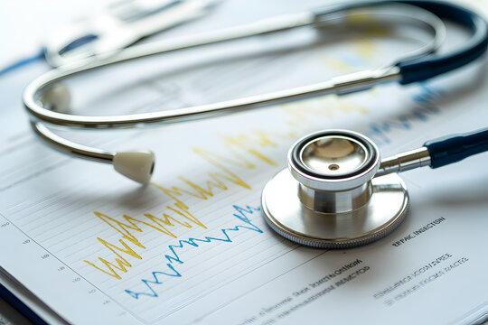 Stethoscope rests on medical chart displaying health data analysis for healthcare professionals use