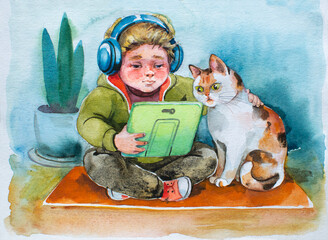 Little boy hugging calico cat at home schooling, boy in headphones with tablet, back to school watercolor hand painted illustration