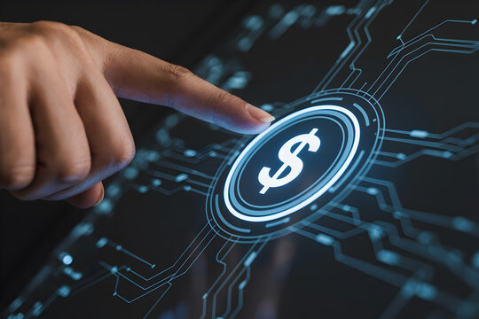 Finger touches a digital dollar sign on a futuristic interface representing online banking and finance