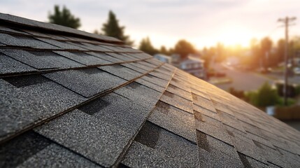 High quality image of close up of asphalt shingle roof on a house at sunset in the neighborhood.