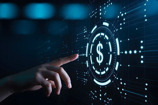 Hand touching dollar sign on futuristic digital interface representing finance and technology