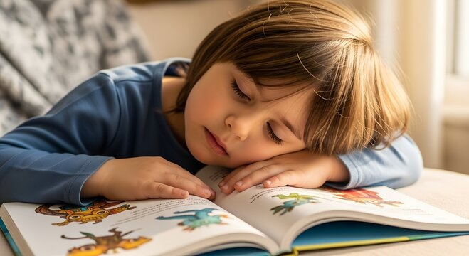 Young girl resting her head on colorful storybook at home