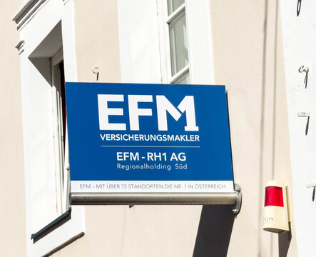 Lienz, Austria - September 18, 2025: EFM insurance agency sign displayed on building exterior in Austria, showcasing branding and regional presence in the insurance market