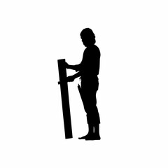 Silhouette of roofing worker tightening bolts with wrench isolated on white background