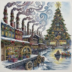 Whimsical Steampunk Christmas Factory with Mechanic Tree.