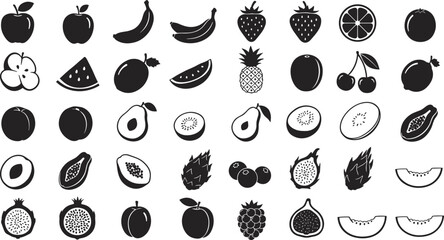 Collection of black and white fruit icons and illustrations apple banana