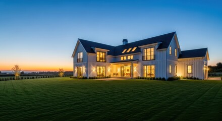 Modern Farmhouse Estate Illuminated at Dusk with Rolling Hills View