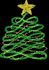 Glittering Christmas tree with golden star on black background  