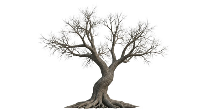 Isolated bare deciduous tree, natural element for landscape, autumn or winter time design