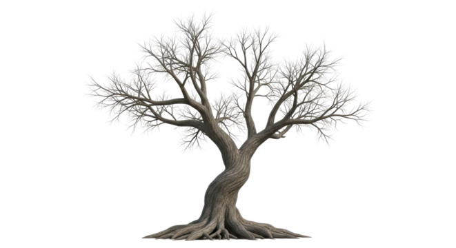 Isolated bare deciduous tree, natural element for landscape, autumn or winter time design