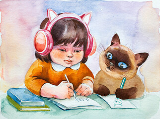 Little girl in headphones with siamese thai cat at home schooling write first dictation, back to school watercolor hand painted illustration