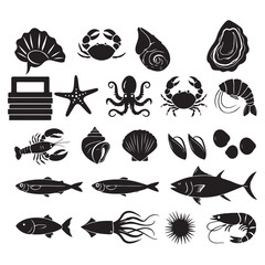 Seafood collection black silhouettes shellfish crustaceans