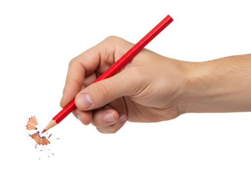 Isolated hand holding red wooden pencil being sharpened, shavings on table around it