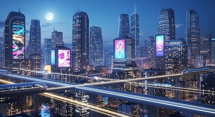 Futuristic cityscape at night with illuminated skyscrapers and elevated trains under a full moon image