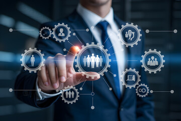 Businessman interacts with digital interface showing team collaboration and business process automation
