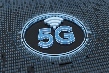 Futuristic 5G technology symbol glowing on a binary code background for highspeed wireless communication