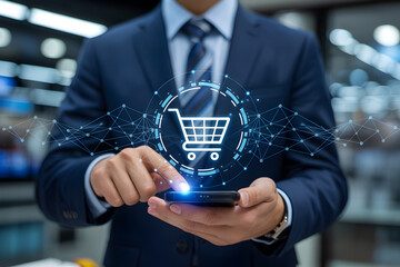 Businessman uses mobile phone for online shopping with a digital shopping cart interface overlay display