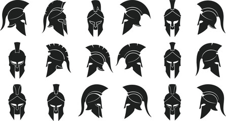 Collection of Spartan helmets in various poses and angles black silhouette icons warrior ancient