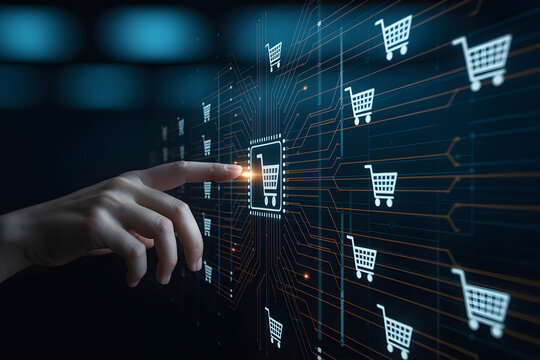Hand interacts with digital shopping cart icons representing online retail and ecommerce technology