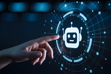 Hand interacts with chatbot interface on a digital screen showcasing artificial intelligence technology