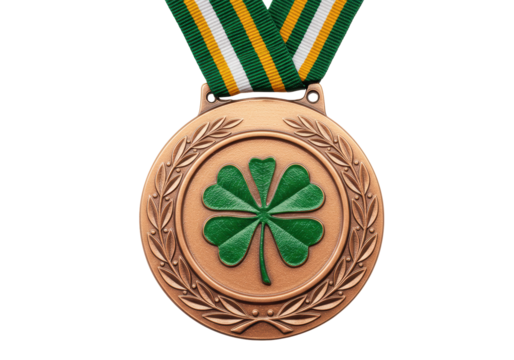 Isolated Irish heritage bronze medal with four-leaf clover and green ribbon close-up