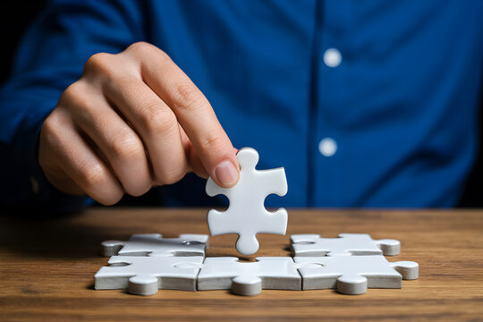 Hand completing a jigsaw puzzle on a wooden table representing teamwork and problem solving skills