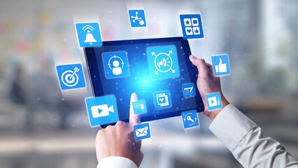 Content marketing interface with data dashboards, analytics charts, and content tools. Marketing...