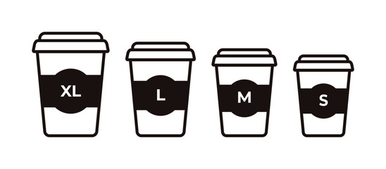 Coffee cup size icons set. Vector illustration of S, M, L, XL takeaway coffee cups. Minimalist style design for cafe menu, stickers, packaging, and branding.