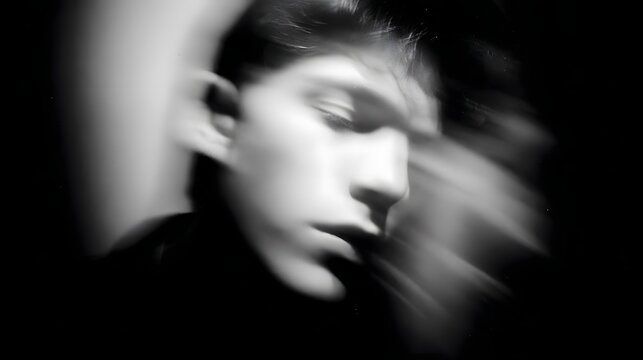 A striking monochrome portrait showcasing the profile of a young individual rendered with expressive motion blur and dramatic chiaroscuro lighting to evoke deep introspection and complex emotions