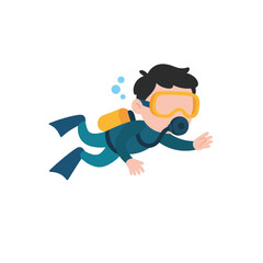 Flat Vector Scuba Diver — Cartoon Underwater Diving Illustration with Snorkel and Fins