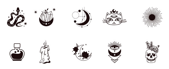 boho mystical spiritual tattoo symbols in tarot card design style vector
