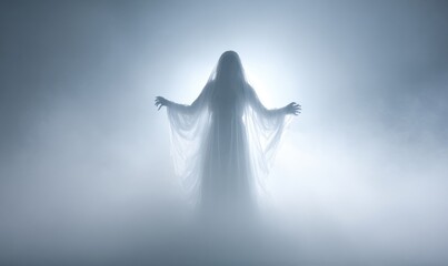 Silhouette of a spectral figure in a misty atmosphere