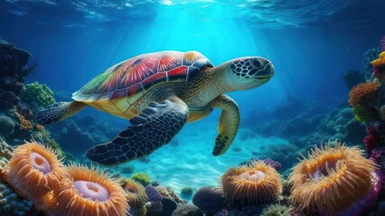 Obraz premium Colorful sea turtle in a vibrant coral reef