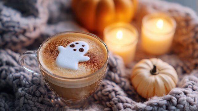 Macro shot pumpkin spice latte, ghost-shaped latte art foam, cinnamon sprinkled eyes, cozy Halloween atmosphere, blurred background candles knitted blanket, holiday promotion, café advertisement.