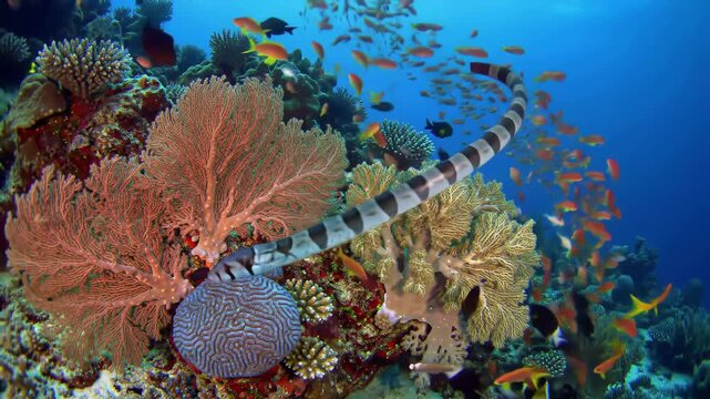 A venomous banded sea krait gracefully swims over a vibrant and healthy coral reef teeming with colorful gorgonian sea fans and small tropical fish in clear blue ocean water.
