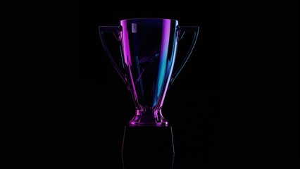 Neon trophy in purple and blue lighting on black background showcasing modern award, victory, championship, and achievement concept