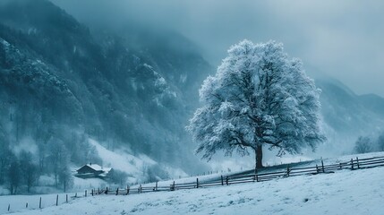 A majestic snow laden tree dominates a serene winter landscape  Misty mountains rise in the background behind a remote rural house and wooden fence