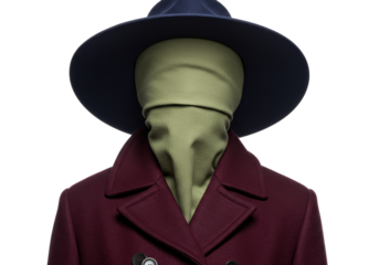 Isolated figure in formal coat and hat, anonymous person wearing balaclava, mannequin