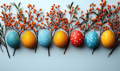 Colorful painted Easter eggs arranged with sprigs of berries
