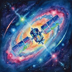 Vibrant Satellite Painting in Colorful Cosmic Nebula Watercolor.
