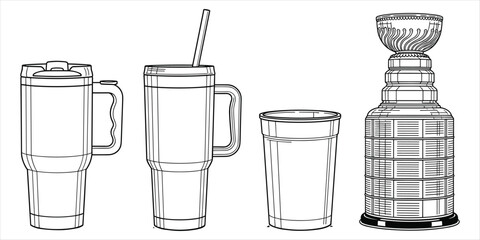 Line art drawings of travel mugs, a drinking cup, and the Stanley Cup trophy tumbler drinking vessel