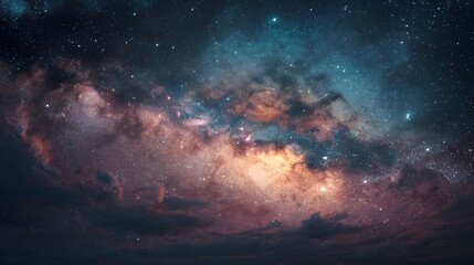 Fototapeta premium A breathtaking view of the vibrant Milky Way galaxy featuring swirling nebulae in orange pink and blue hues illuminated by countless stars across the vast expanse of the night