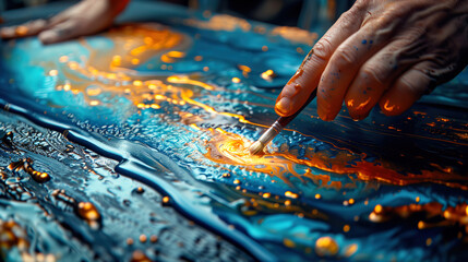 A detailed macro photograph of an artist's hand expertly blending glowing, multi-colored paint on a canvas, highlighting the fluid motion and creative process.