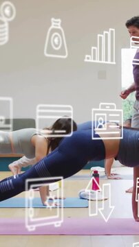 Animation of digital data processing over diverse women exercising doing plank with male instructor