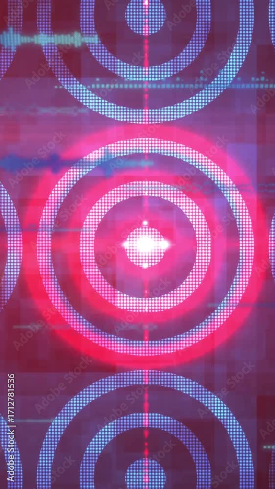 Wall mural animation of glowing red target patterns with digital waveforms overlaying data