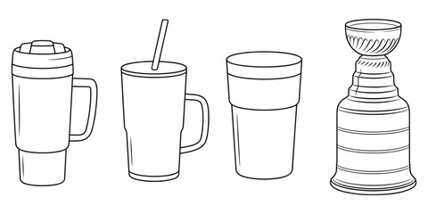 Line Drawing of Four Different Cups and a Trophy tumbler Stanley Cup