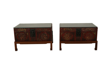Pair of Antique Carved Wooden Chests PNG