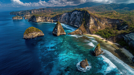 Dramatic aerial capture of the unique rocky coastline and turquoise waters of Nusa Penida. This ideal travel destination presents stunning natural formations for exploration in Indonesia.
